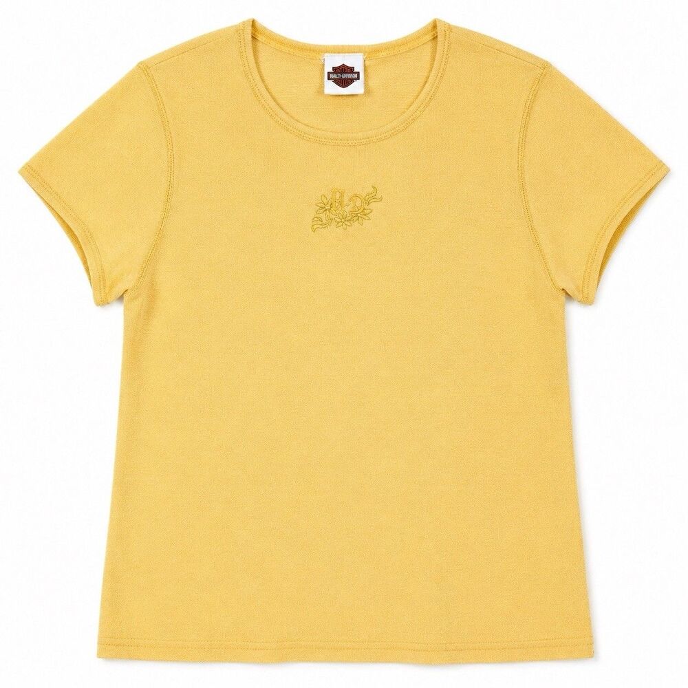 Vintage Harley Davidson Womens XL Yellow Embroidered Tee R.K. Stratman USA Made